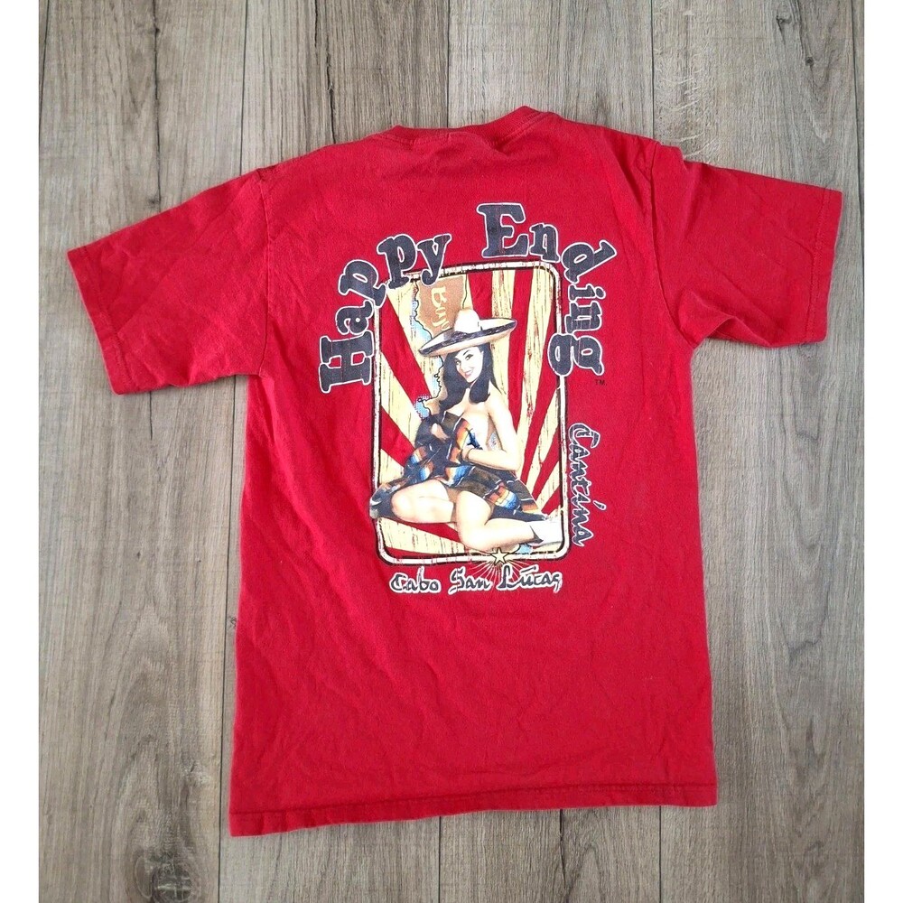 VTG Happy Ending Cantina Pin-Up Red T Shirt Cabo San Lucas Mexico Bar Navy Tee S